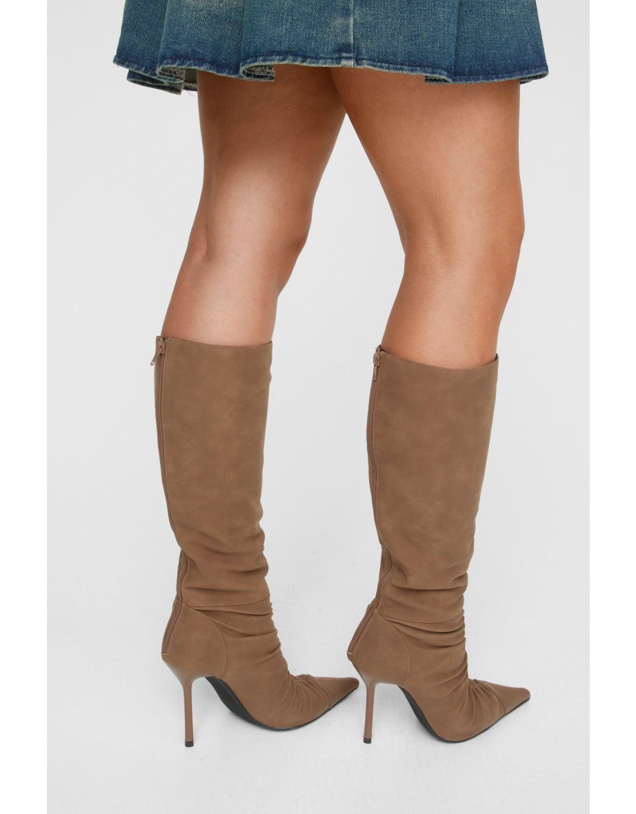 Faux Suede Rouch Pointed Toe Knee High Boots - 3