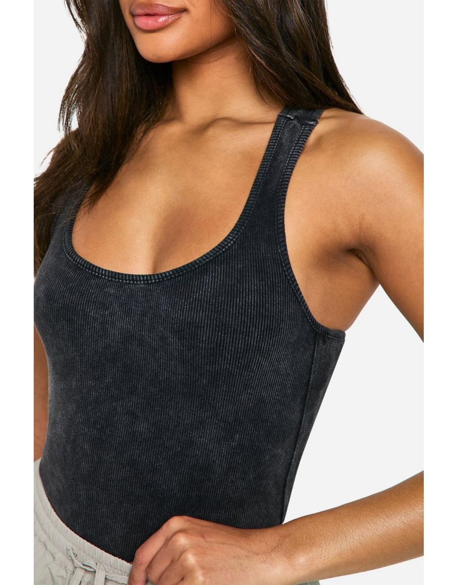Acid Wash Rib Side Panel Vest Top - charcoal - 3