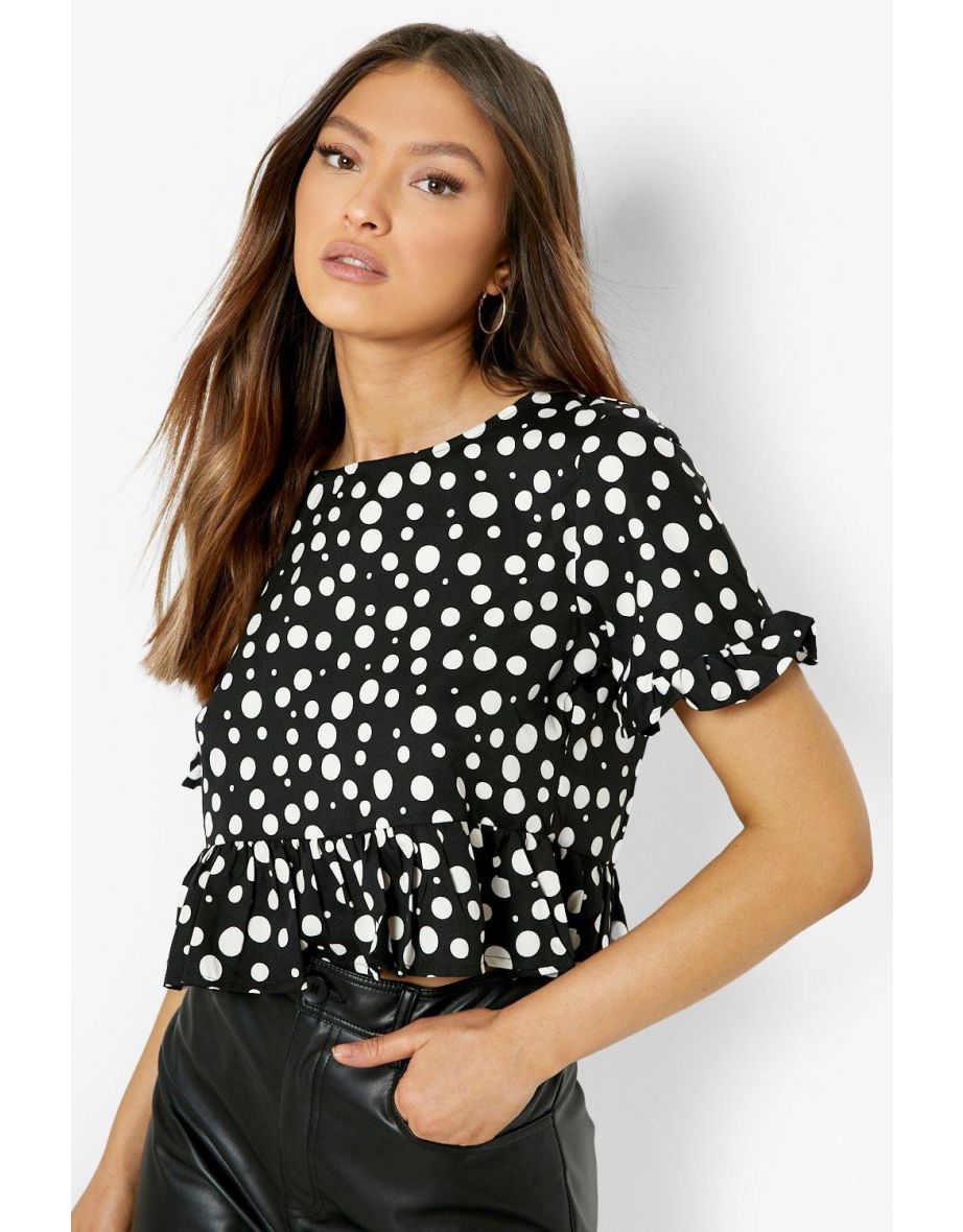 Woven Polka Dot Peplum Top - black