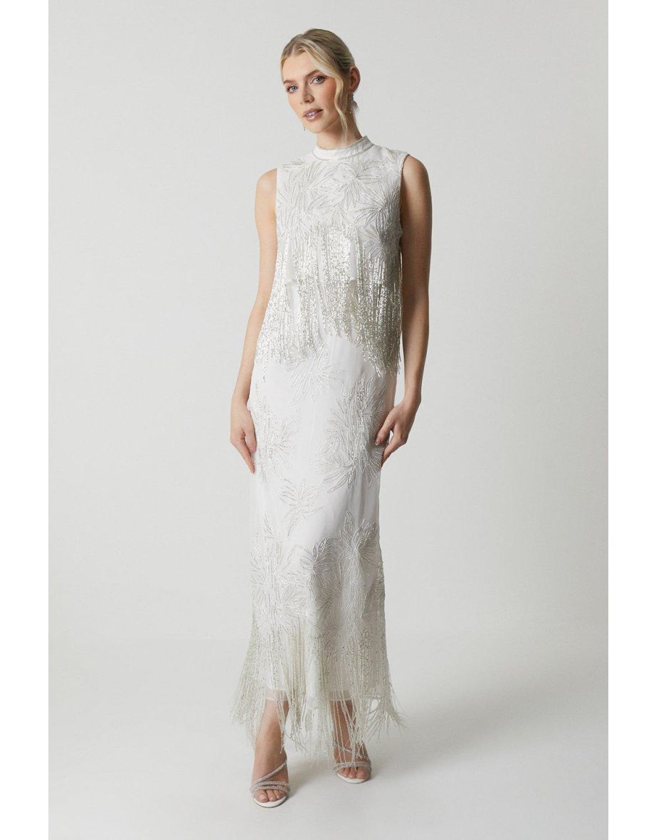 Premium Organza Overlay Beaded Fringe Column Wedding Dress
