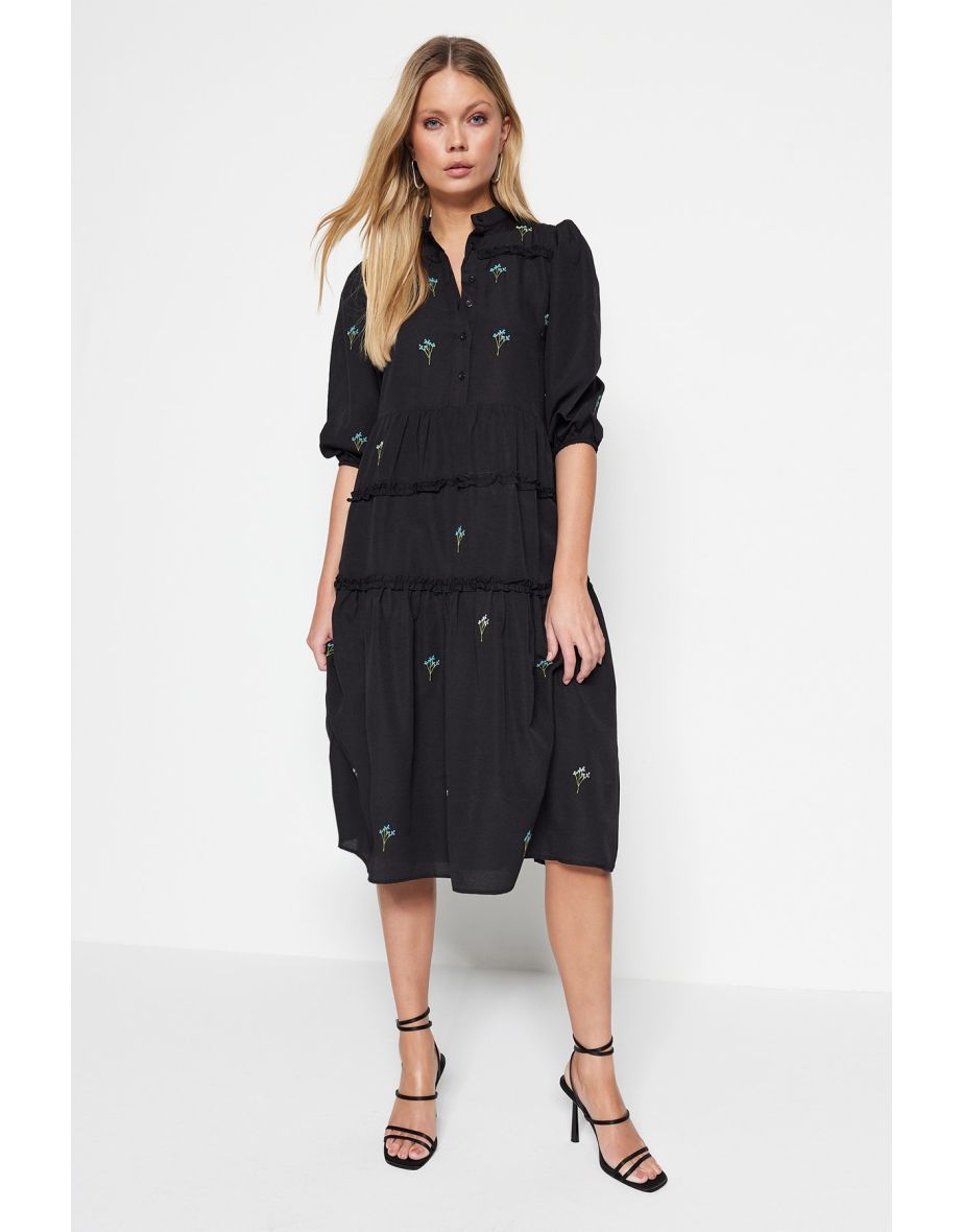 Black Floral Column Midi Smock Dress