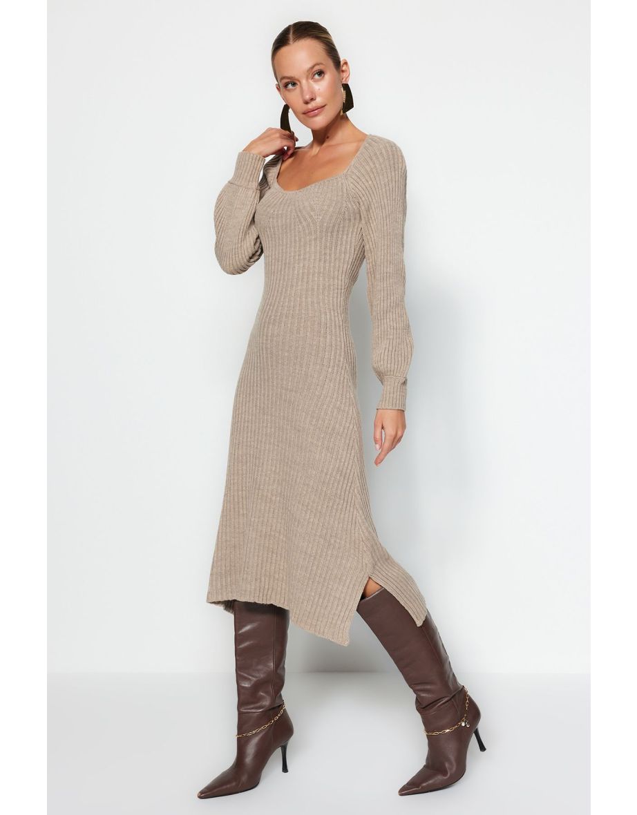 Brown A-Line Midi Dress with Long Sleeves