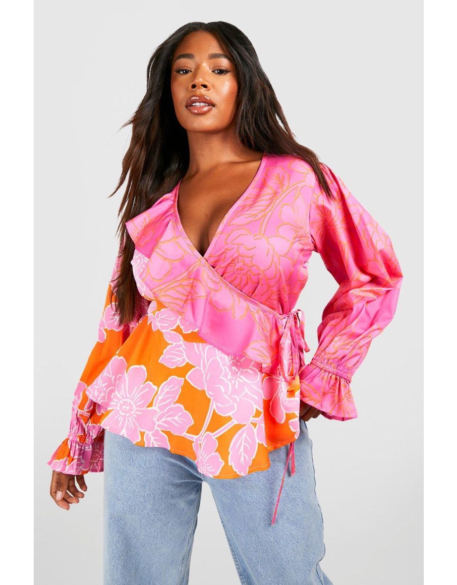 Shop Plus Contrast Floral Ruffle Wrap Top pink Online in Qatar VogaCloset