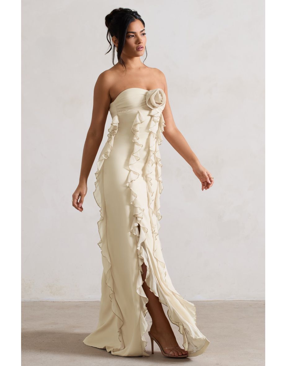 Gardenia | Champagne Strapless Ruffle Maxi Dress With Corsage - 9