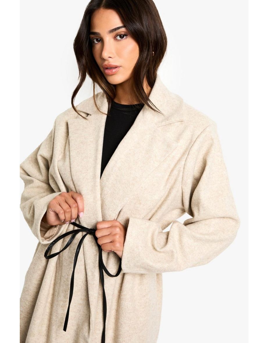 Petite Faux Leather Belt Wool Look Coat - mushroom - 3