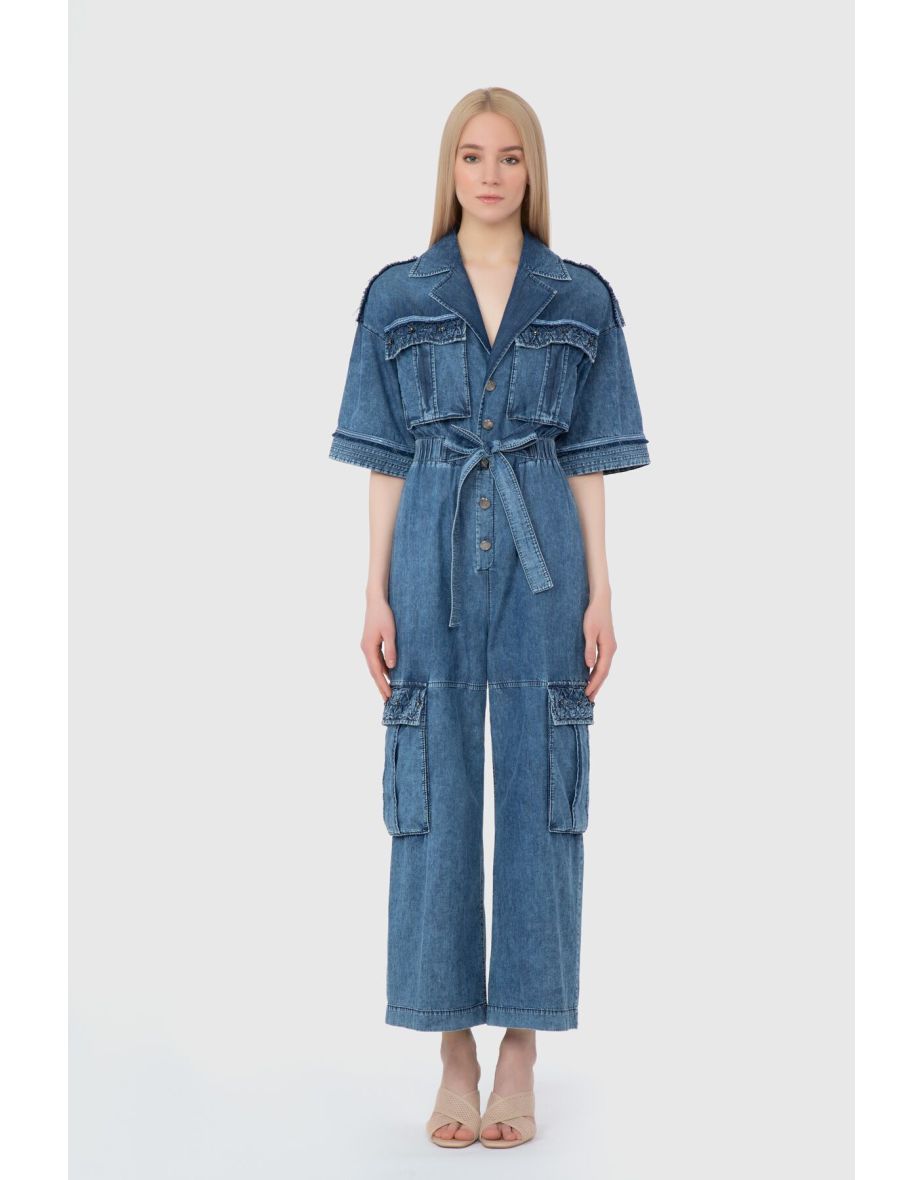 Ribbon And Stitch Detail Waist Tie Wide Leg Blue Jumpsuit