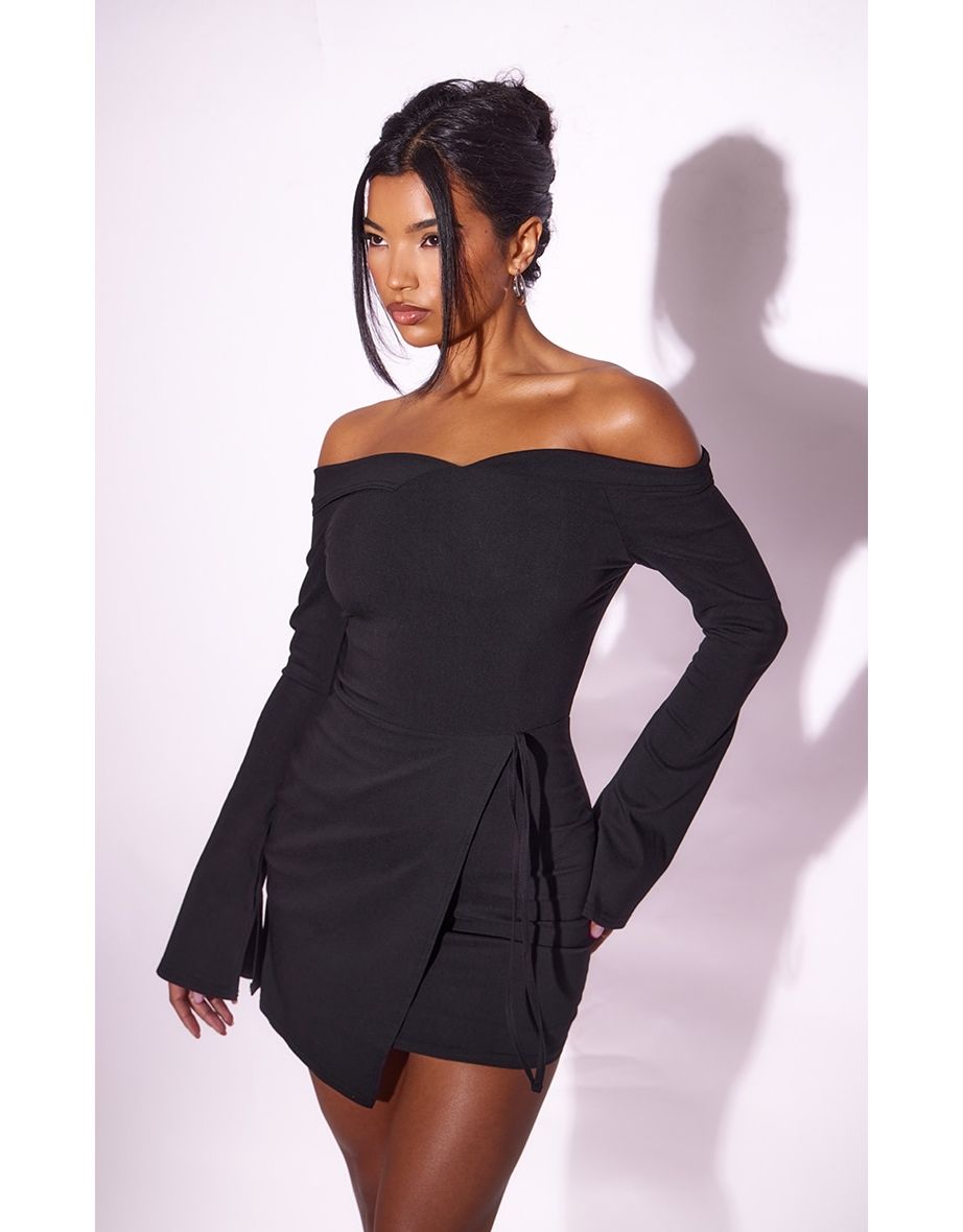 Shop Black Stretch Woven Fold Bardot Wrap Bodycon Dress Online in Bahrain VogaCloset