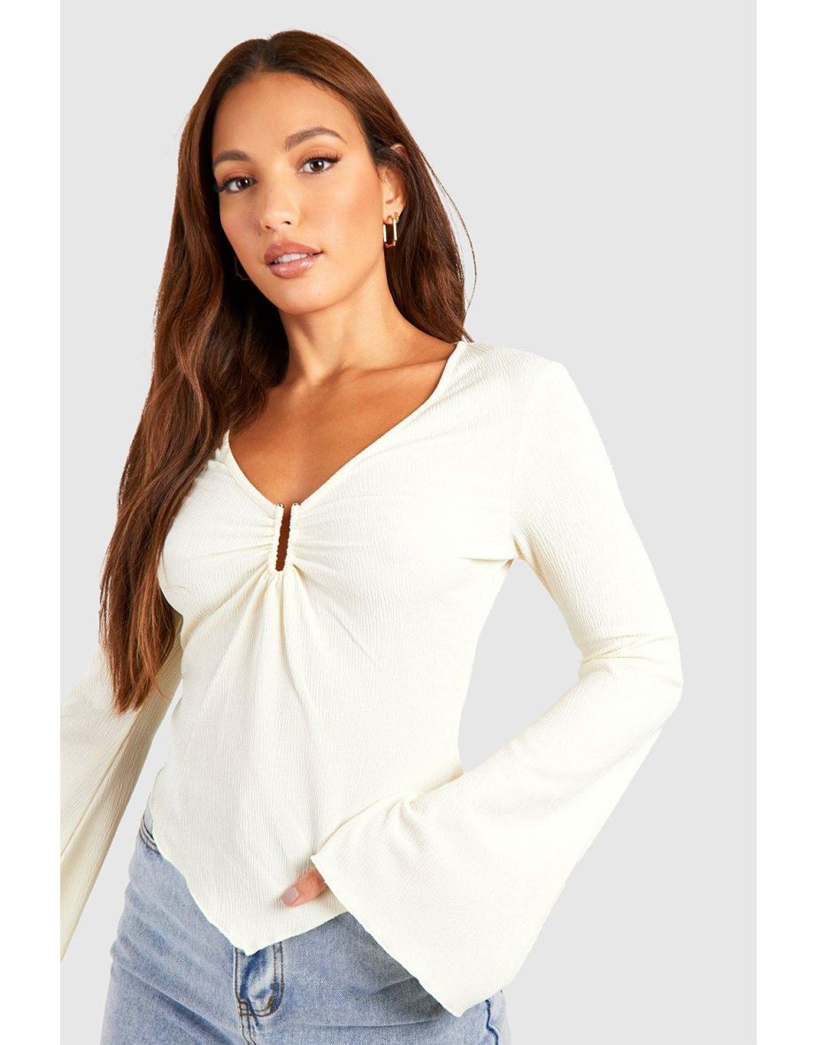 Tall Textured Long Floaty Sleeve Bar Detail Top - white