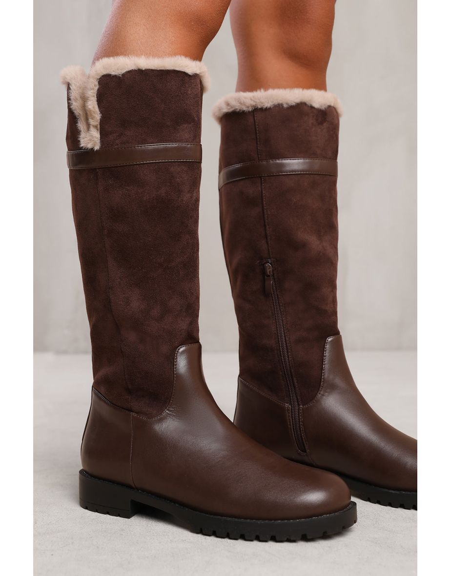 KENDRA KNEE HIGH BOOTS WITH FUR TRIM AND LINING IN DARK BROWN SUEDE AND FAUX LEATHER