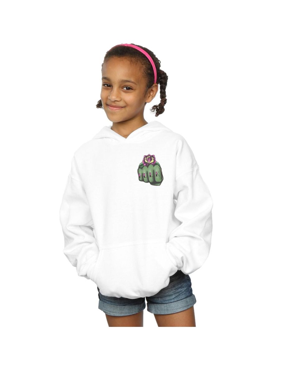 Marvel Girls Hulk Tattoo Fist Breast Print Hoodie - White