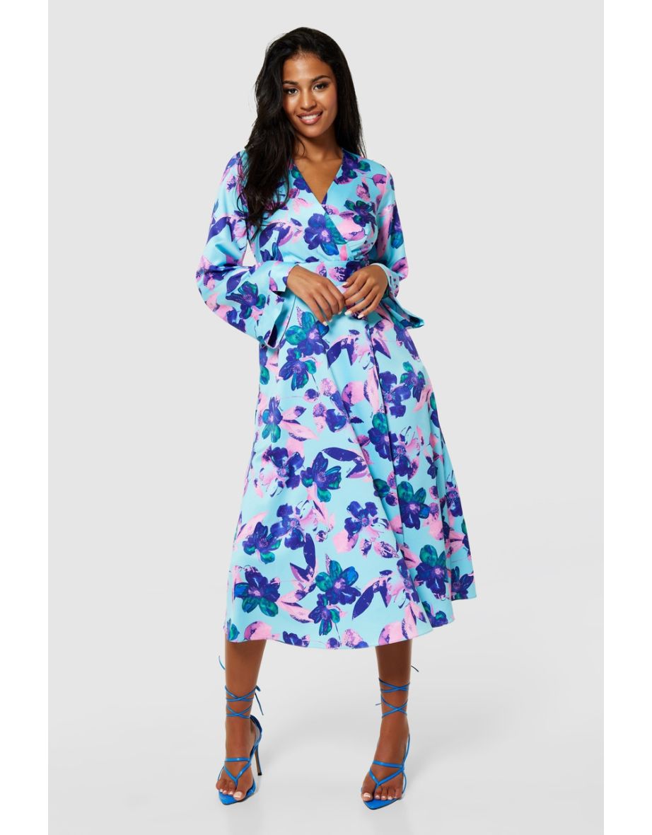 Shop Closet London Aqua Blue Wrap Floral Dress Online in Qatar VogaCloset