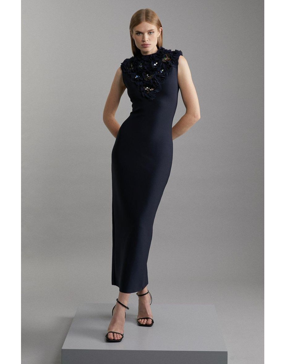 Figure Form Bandage Embellished Neck Midaxi Column Dress