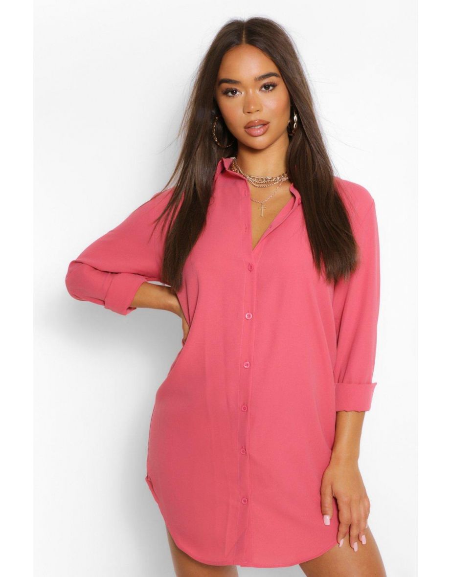 Oversized Dippped Hem Shirt Dress - rose