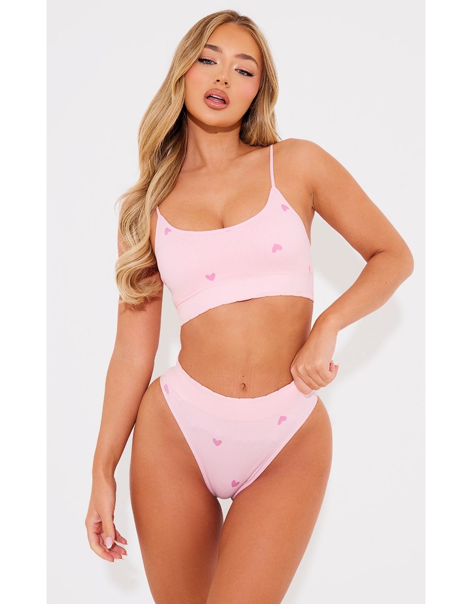 Pink Heart Print Ribbed Scoop Neck Bralette