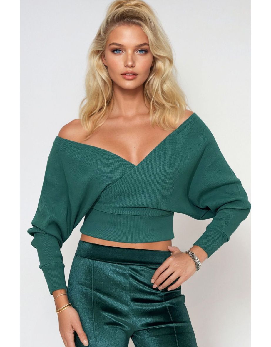 Women's Dark Green Front Back V-Neck Double Breasted Blouse