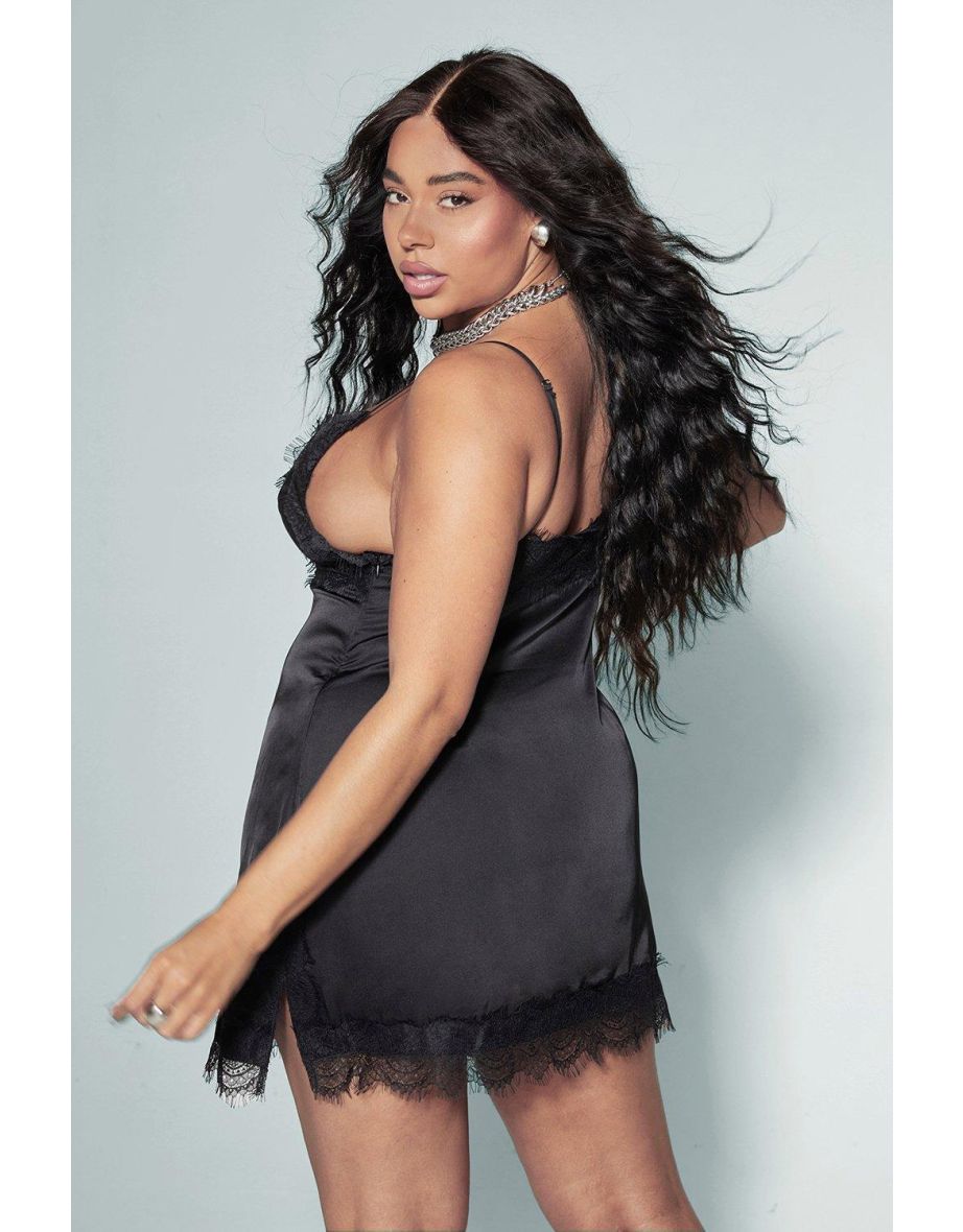 Kourtney Kardashian Barker Lace Trim Satin Mini Dress - black - 1