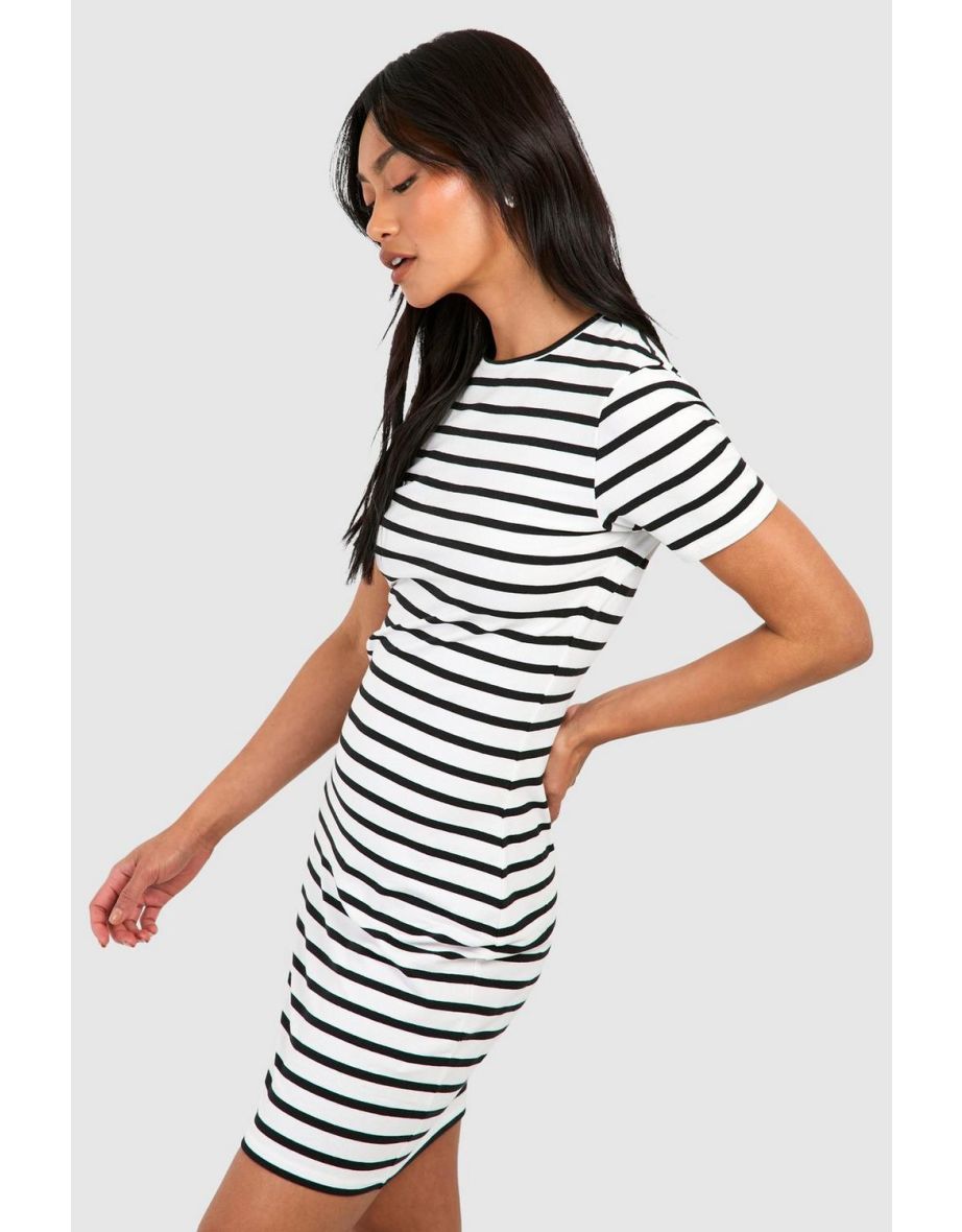 Premium Super Soft Short Sleeve Stripe Bodycon Mini Dress - white