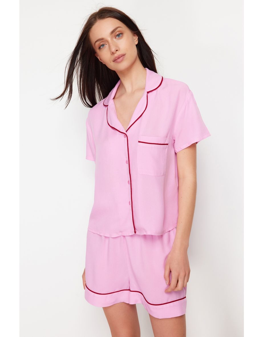 Pink Piping Detailed Viscose Woven Pajamas Set