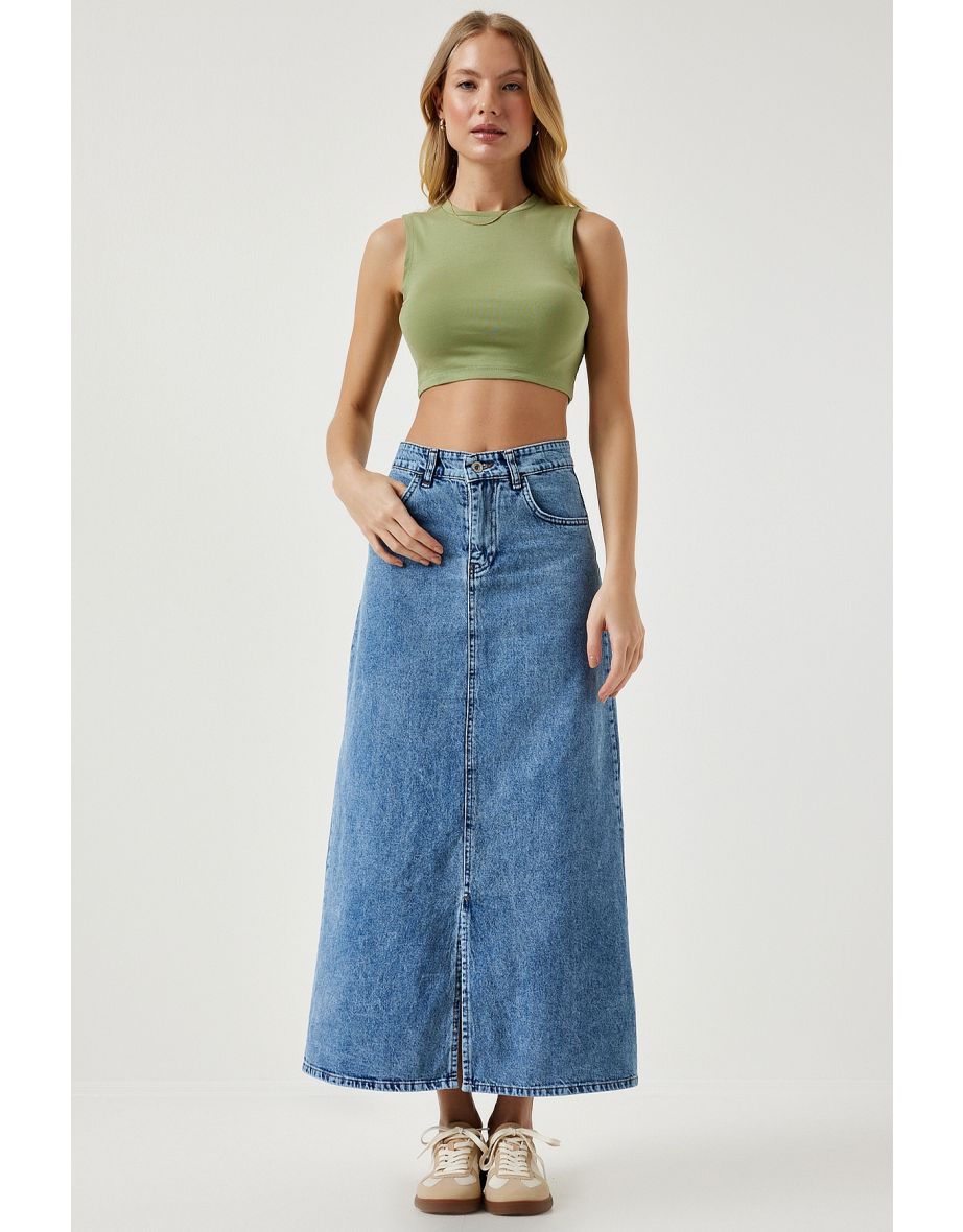 Women's Light Blue Slit Long Denim Skirt