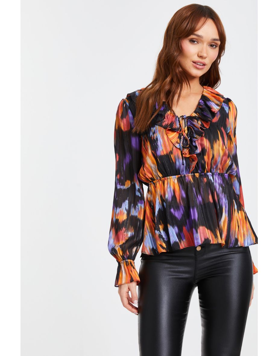 Black Smudge Print Chiffon Peplum Blouse
