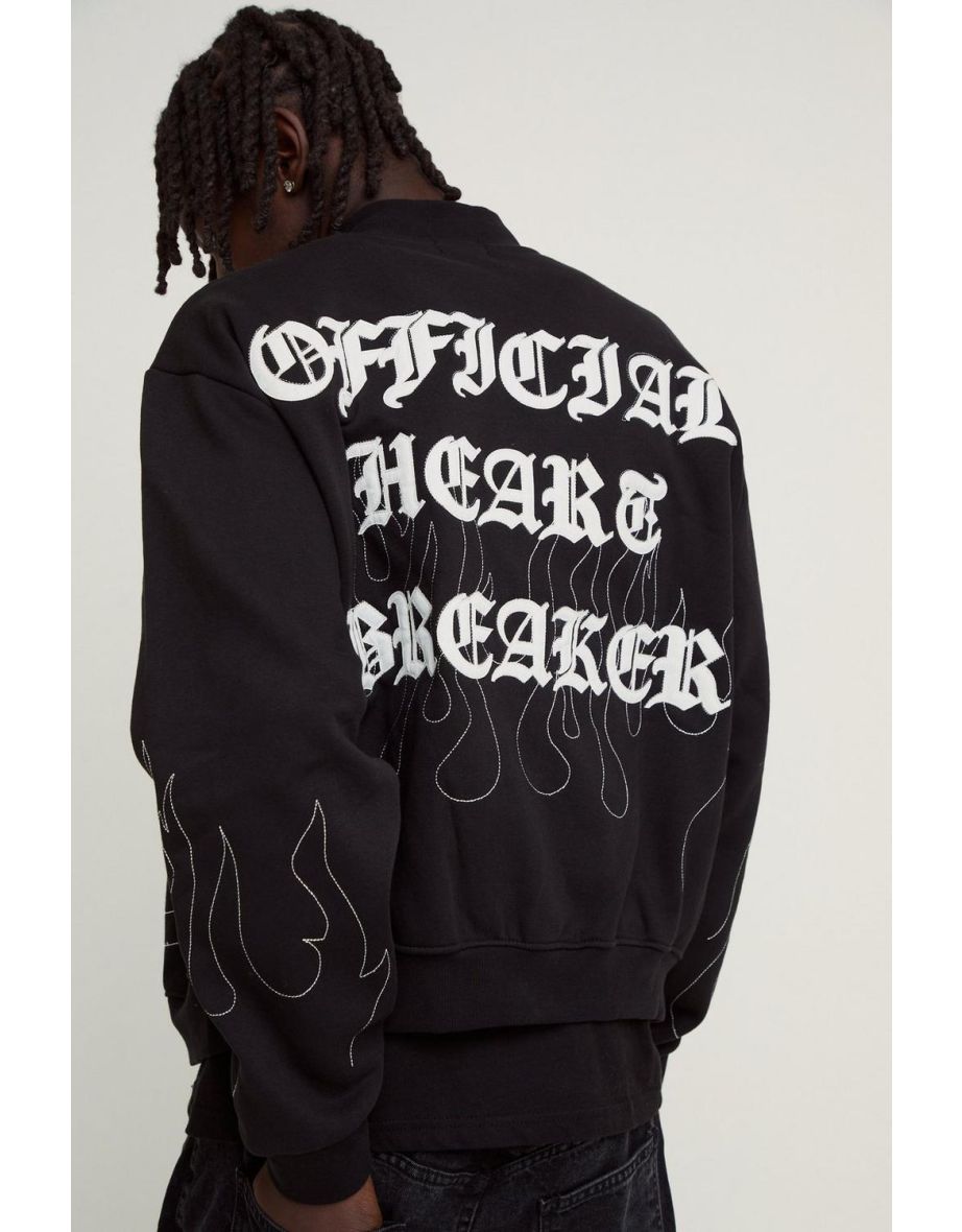 Oversized Boxy Contrast Stitch Skull Applique Bomber Jacket - black - 2