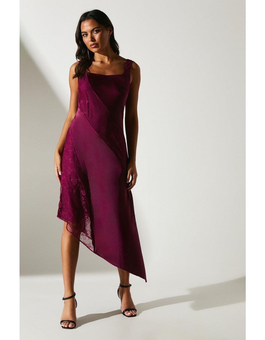 Satin Lace Mix Midi Dress With Asymmetric Hem