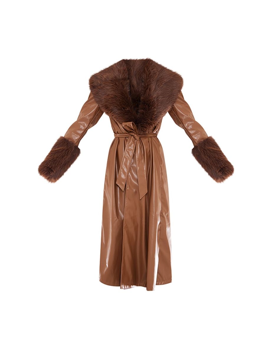 Taupe Premium Faux Fur Trim Faux Leather Belted Trench Coat - 4