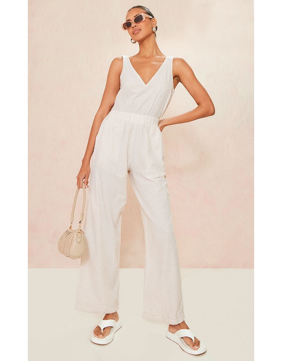 Stone Striped Woven V Neck Elasticated Waist Jumpsuit