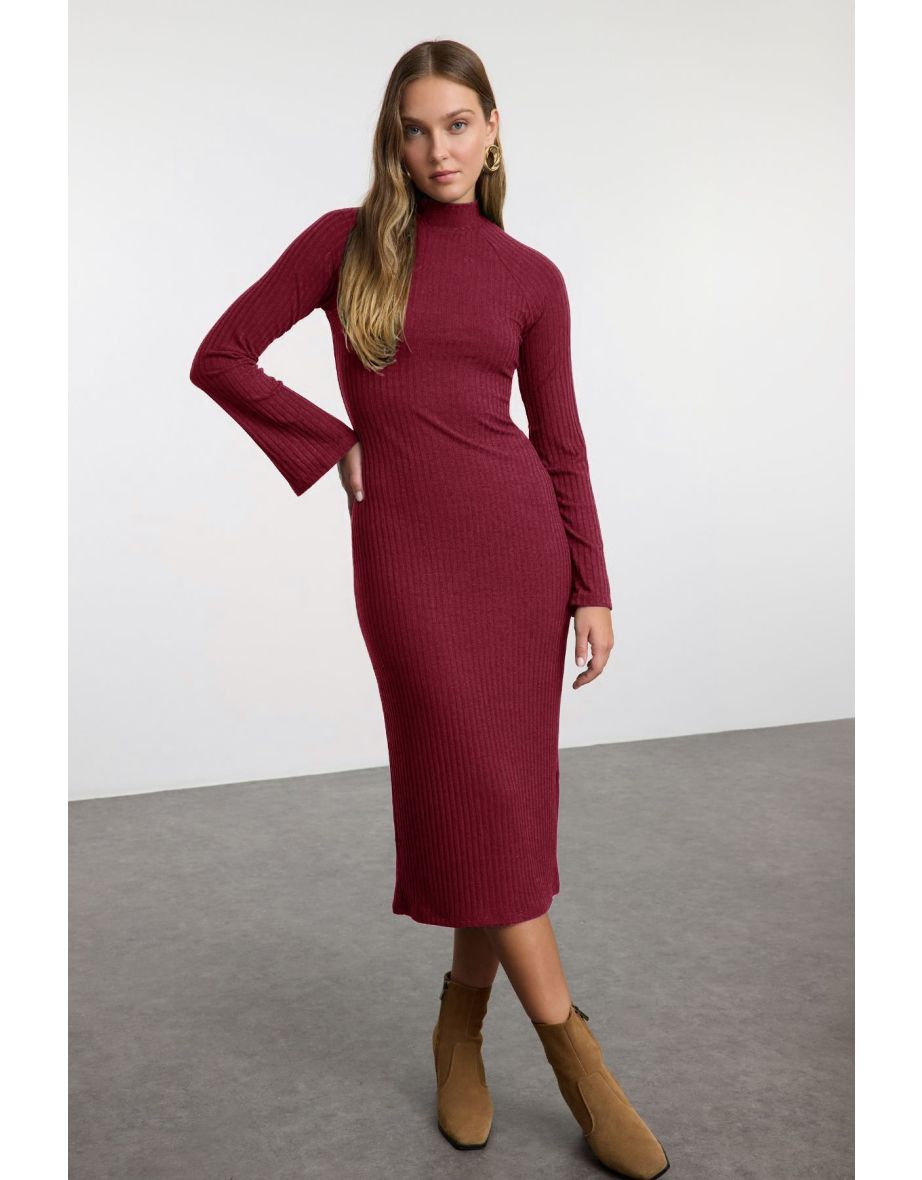 Burgundy Straight Slit Midi Fitted/Fits Body Ribbed Stretch Knit Dress