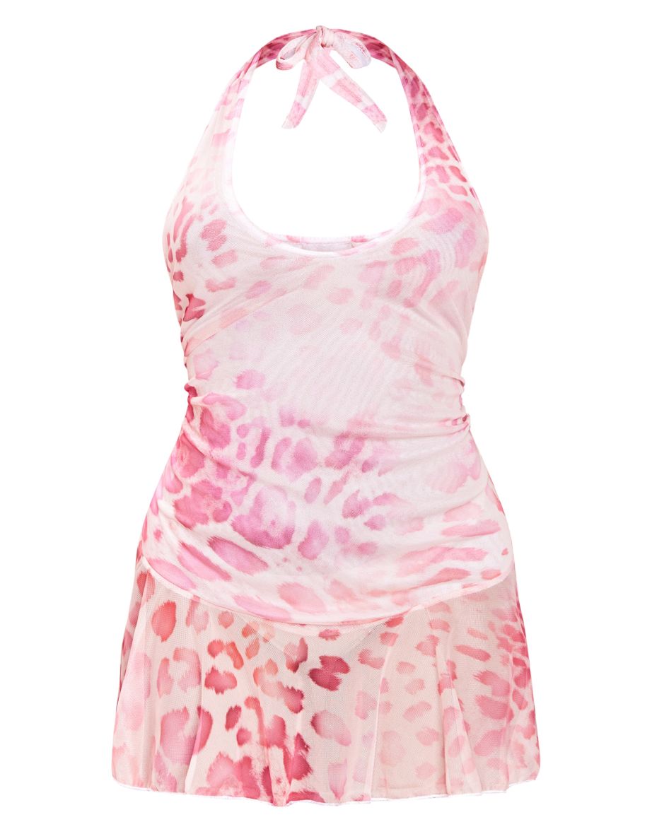 Pink Animal Print Frill Halter Neck Mesh Shift Dress - 4