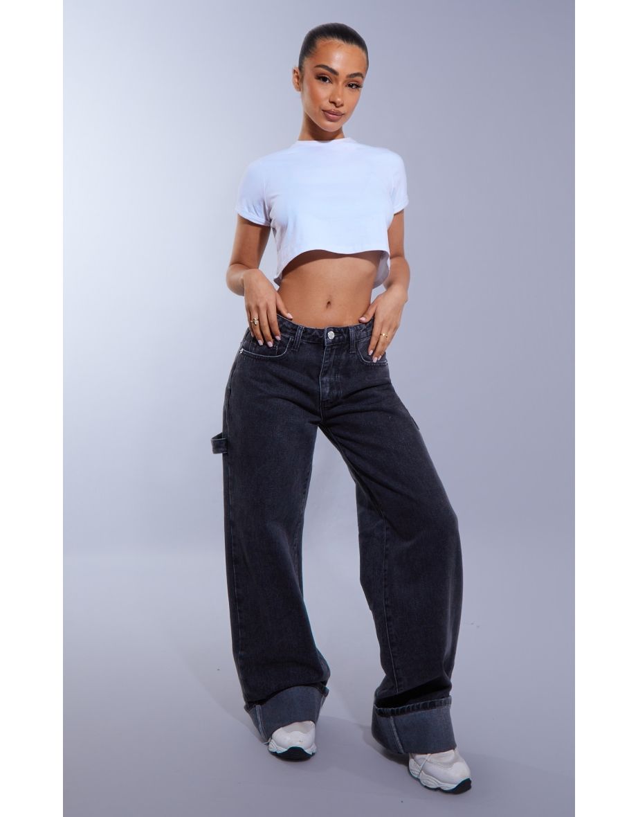 Shop Petite Washed Black Wide Leg Jeans With Strap Detail Online in Bahrain VogaCloset
