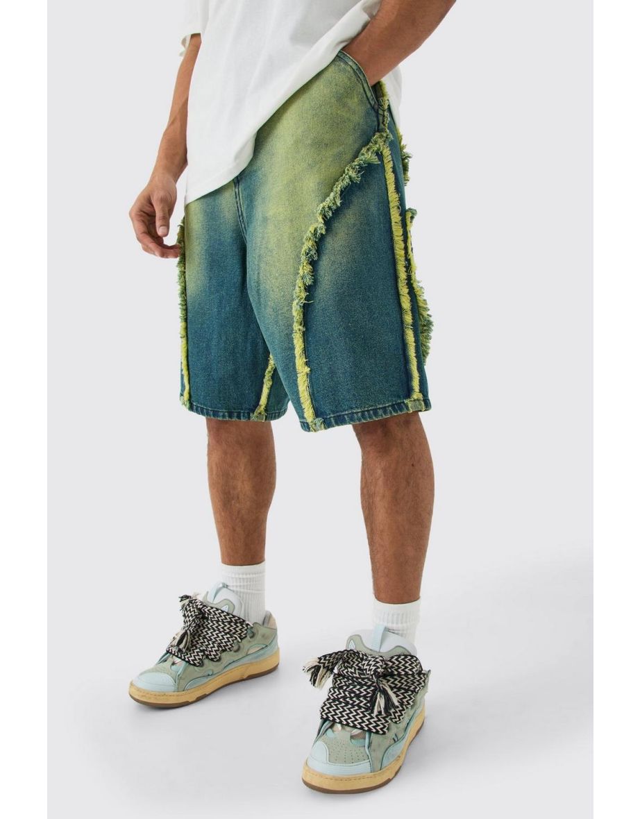 Frayed Edge Denim Jorts In Tinted Green - green