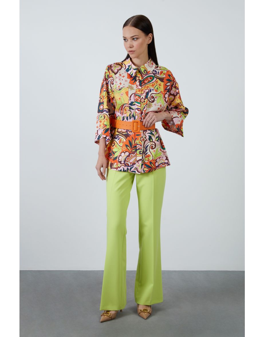 three-quarter sleeves Waist Belt Patterned Orange shirt