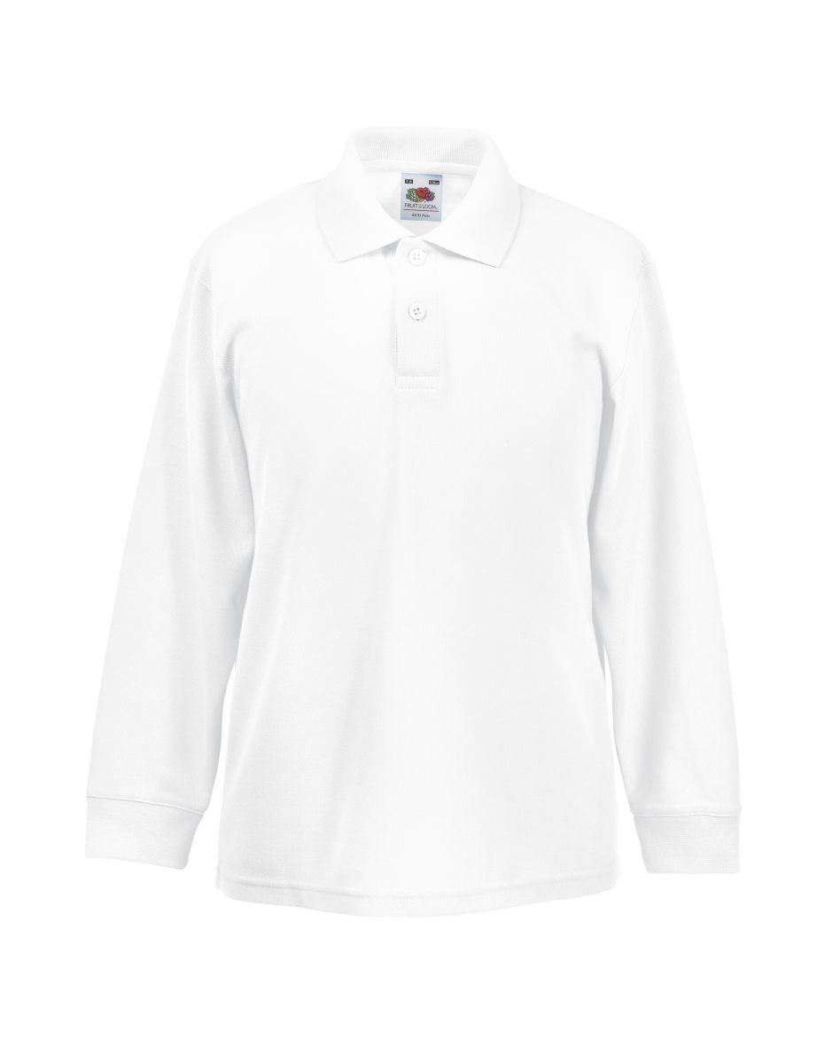 Fruit Of The Loom Childrens Long Sleeve 65/35 Pique Polo / Childrens Polo Shirts - White - 2
