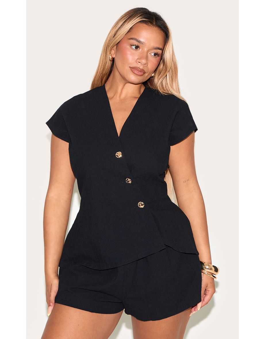 Shape Black Linen Asymetrical Gold Hammered Button Adjustable Back Waistcoat