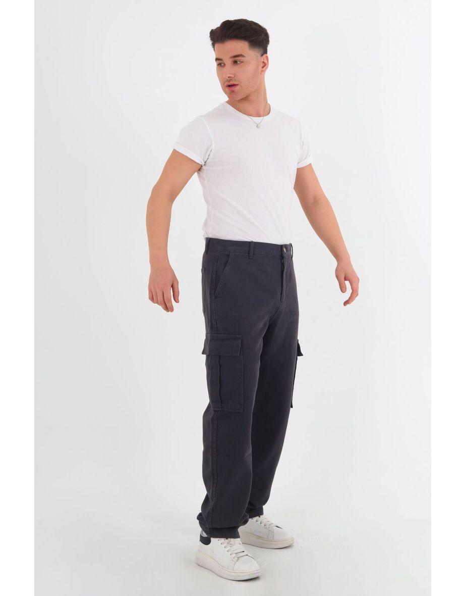 Anthracite Cargo Pocket Gabardine Baggy/Loose Cut 100% Cotton Casual Trousers