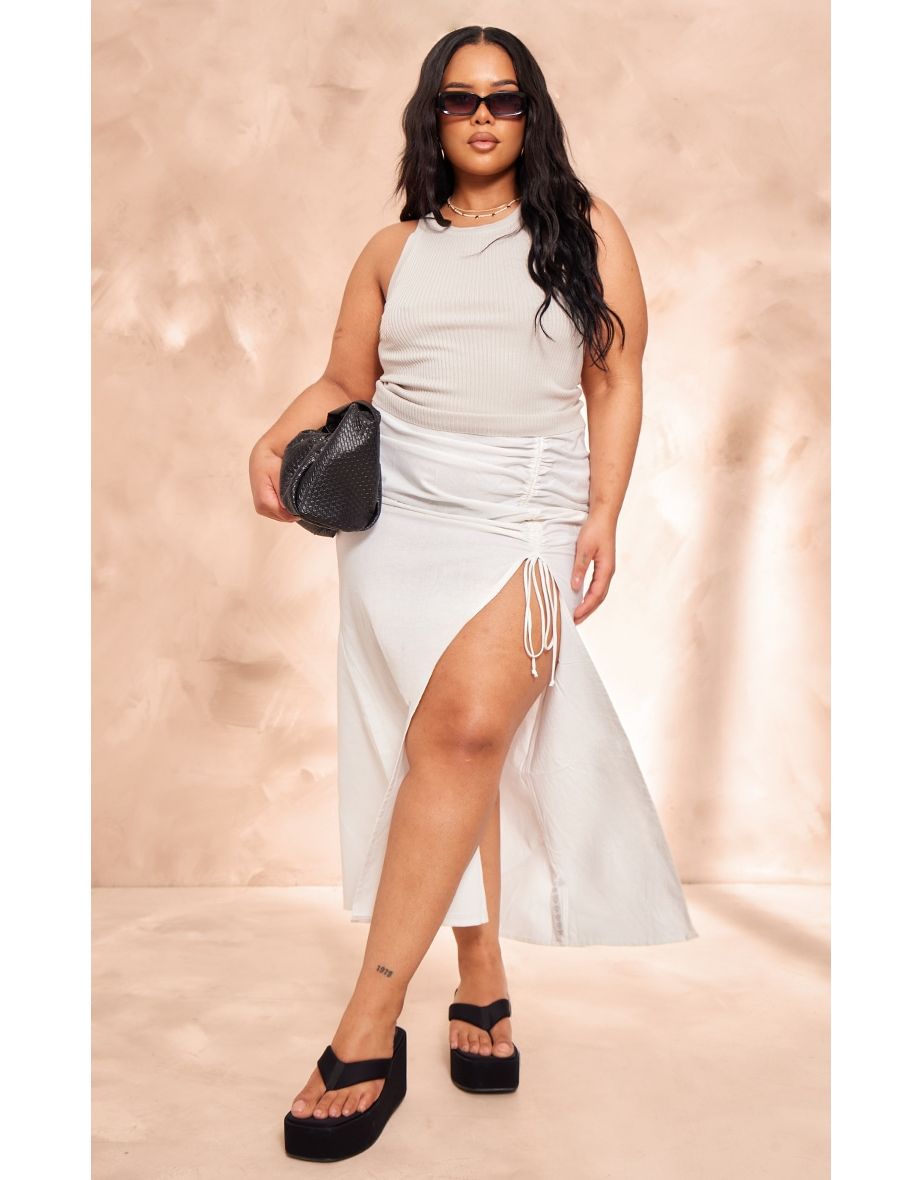 Shop Plus White Linen Ruched Maxi Skirt Online in Qatar VogaCloset