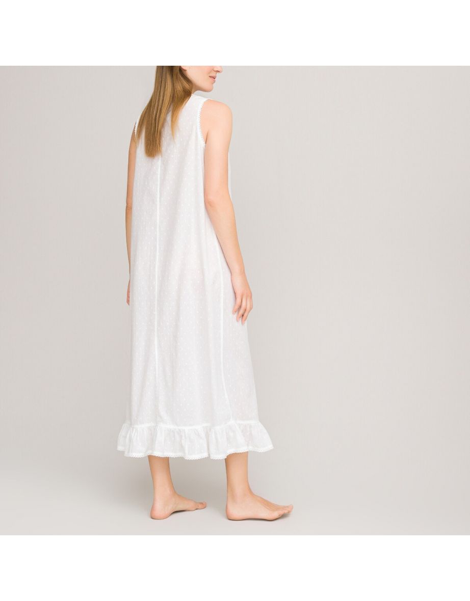 Embroidered Cotton Sleeveless Nightdress with Ruffled Hem - 2