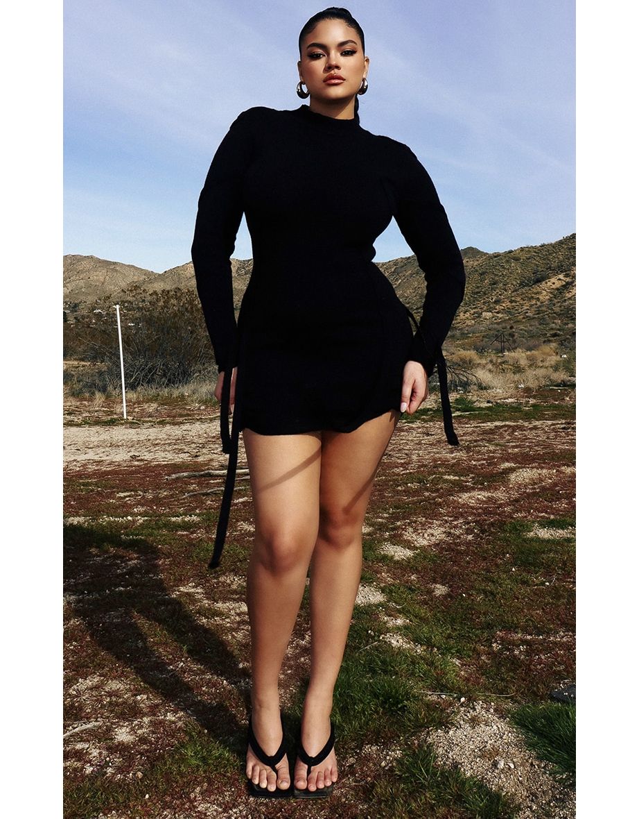 Plus Black Knitted Tie Detail Wrap Bodycon Dress