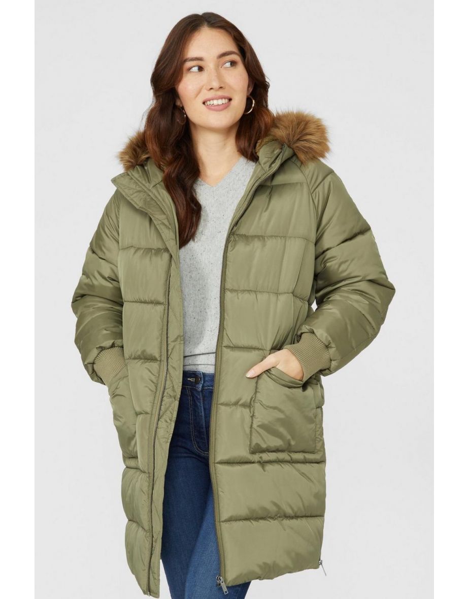 Fur Trim Borg Hood Padded Parka With Pockets light khaki
