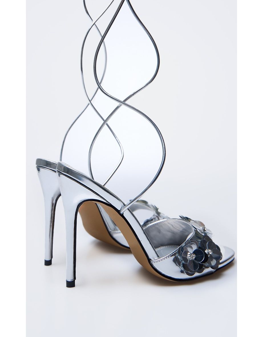 Silver PU Round Toe Sequin Flower Lace Up Heeled Sandals - 3