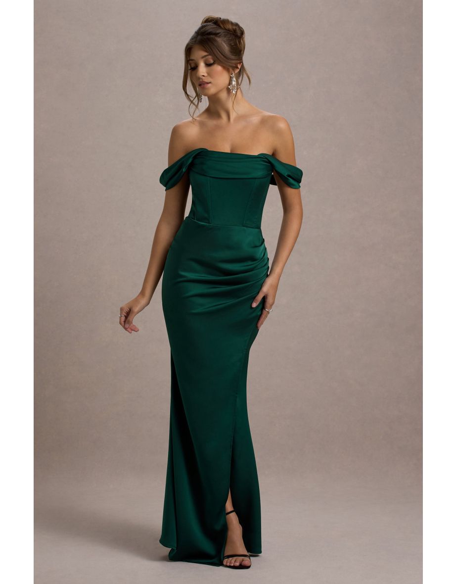 Kimberly | Bottle Green Bardot Fishtail Satin Maxi Dress