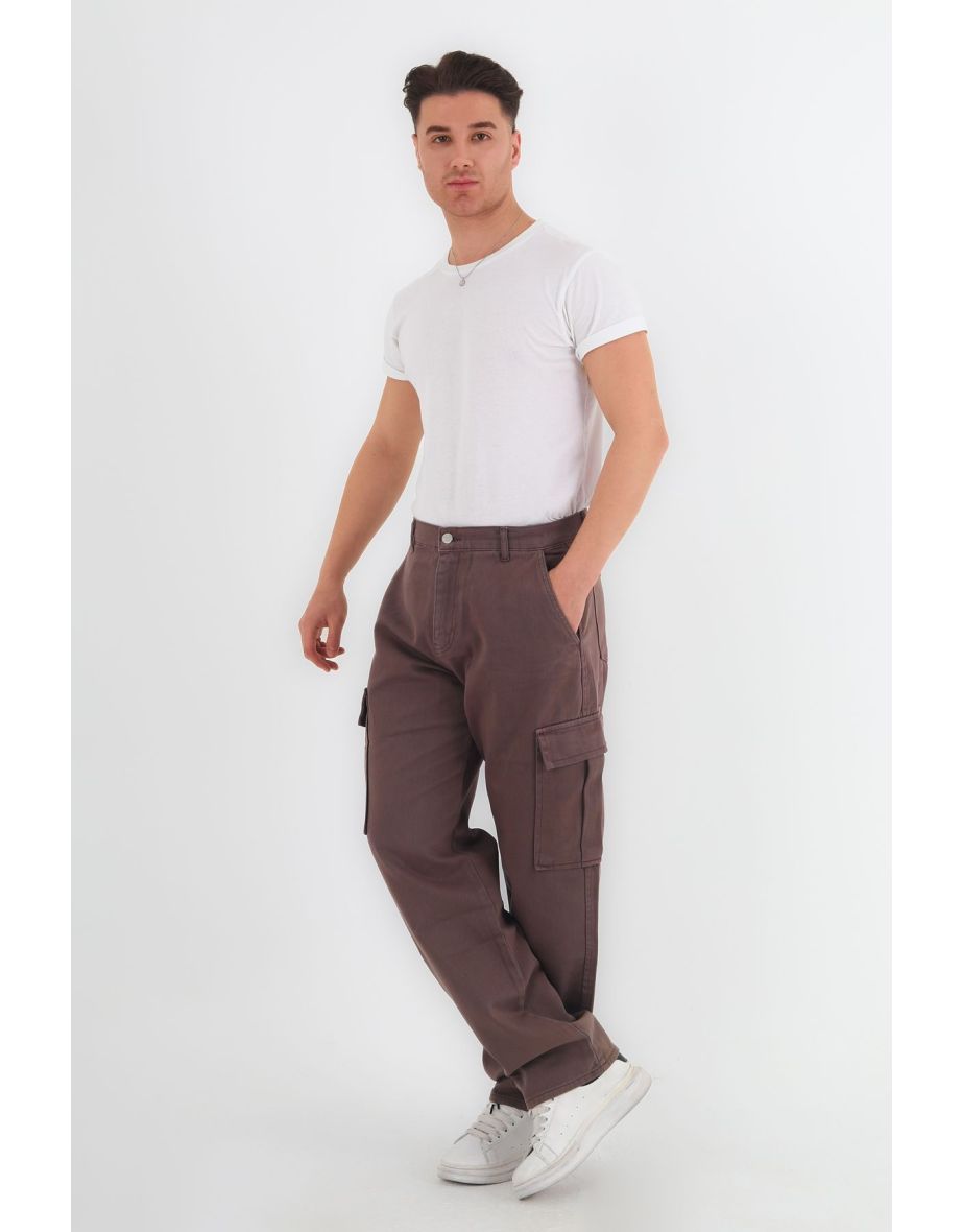 Mink Cargo Pocket Gabardine Baggy/Loose Cut 100% Cotton Casual Trousers