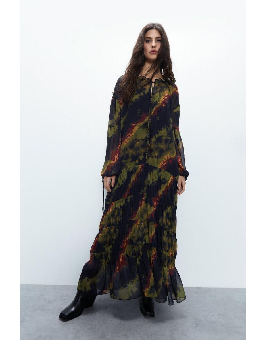 Ruffle Neck Button Through Smock Maxi Dress