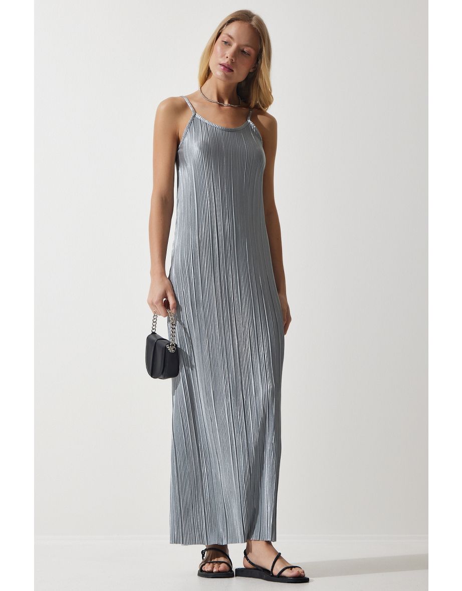 Women's Gray Strappy Summer Pleated Dress