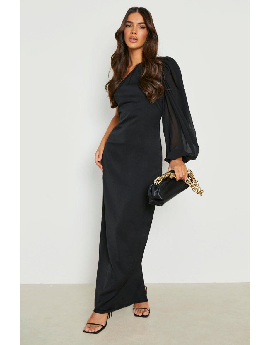 Chiffon Sleeve Asymmetric Maxi Dress - black