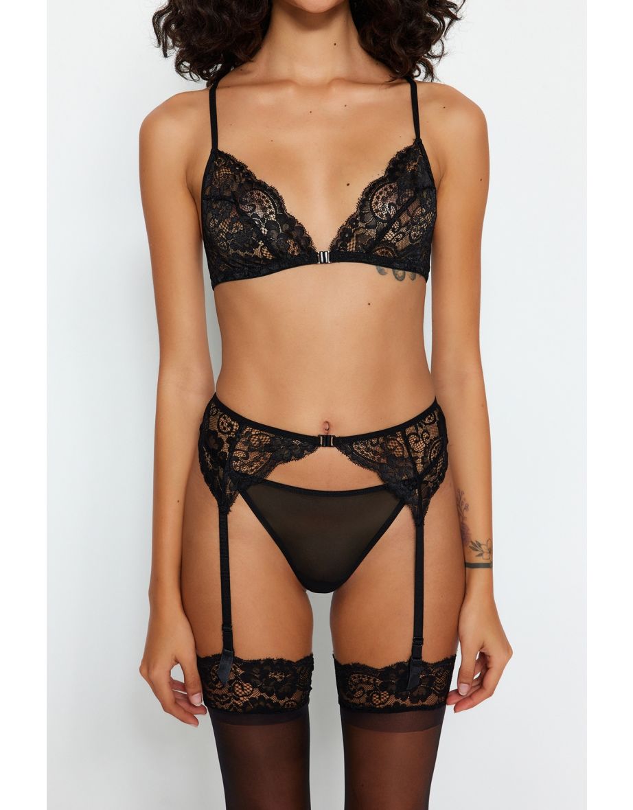 Black Lace Garter and Socks Underwear Set - 5