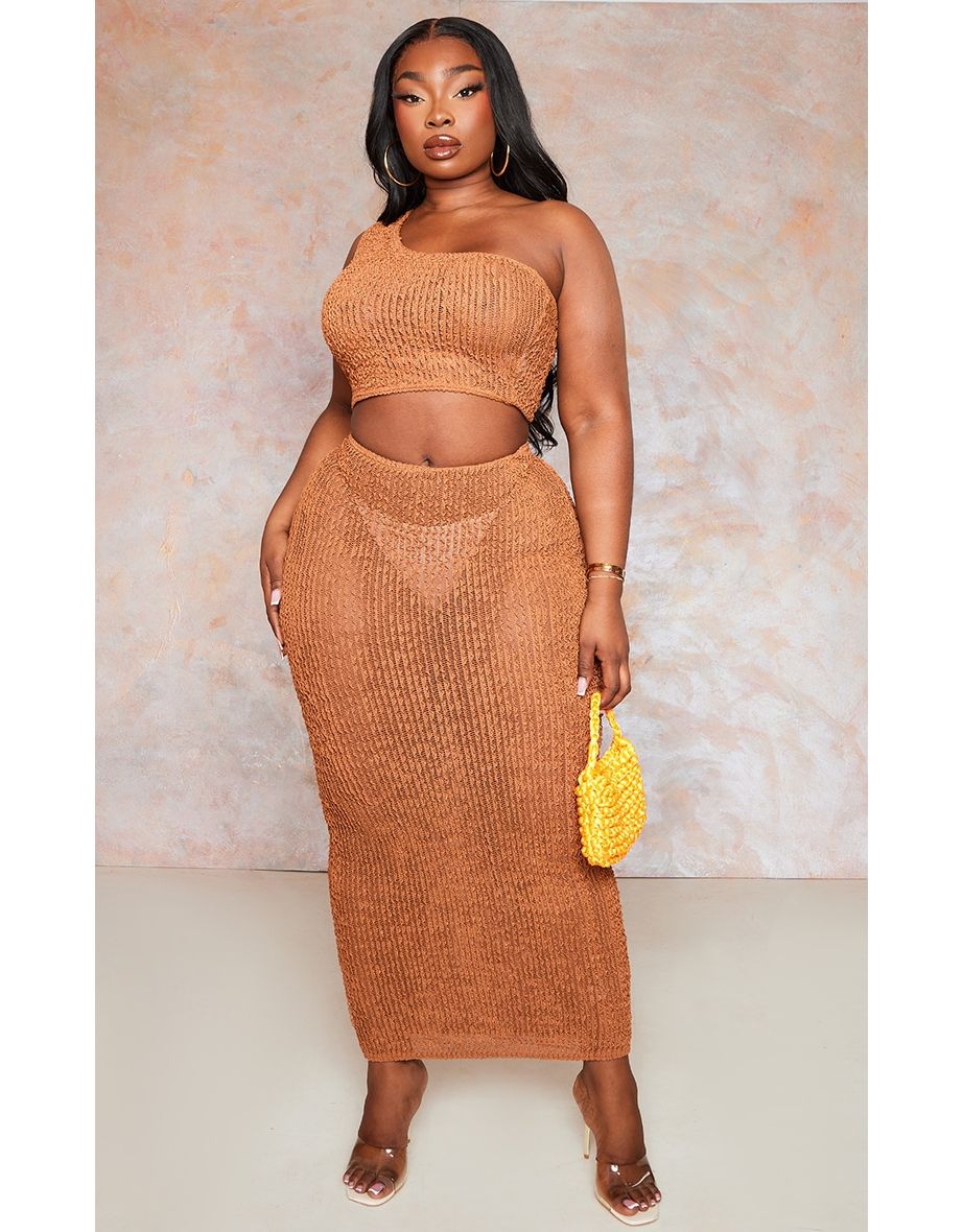 Shop Plus Brown Distressed Knit Midi Skirt Online in Bahrain VogaCloset