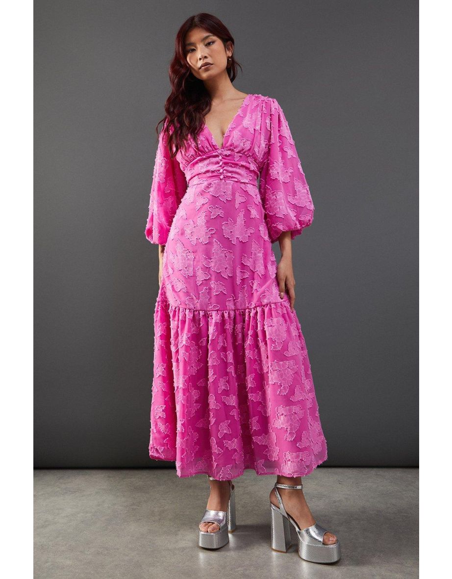 Shop Burnout Chiffon Plunge Neck Ruched Bodice Peplum Dress Online in Saudi Arabia VogaCloset