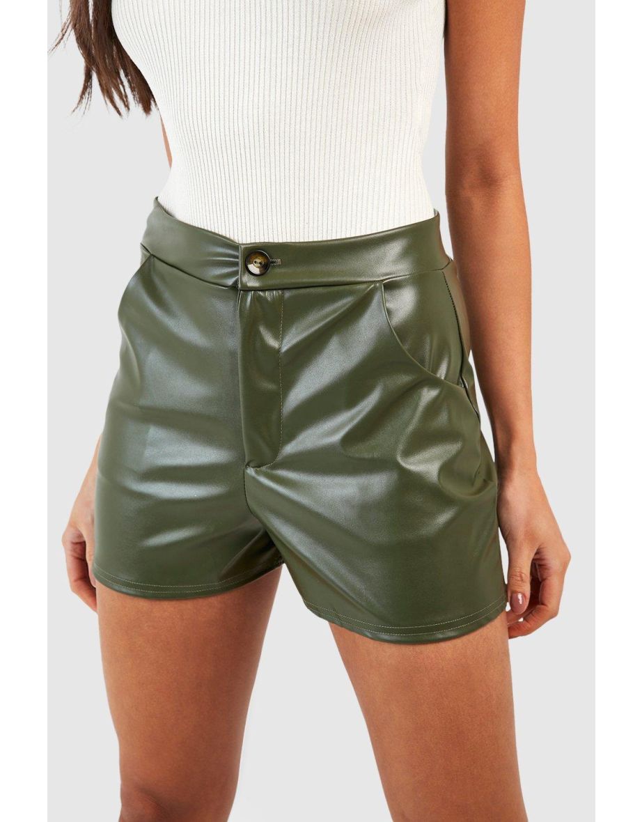 Faux Leather High Waisted Shorts - khaki - 3